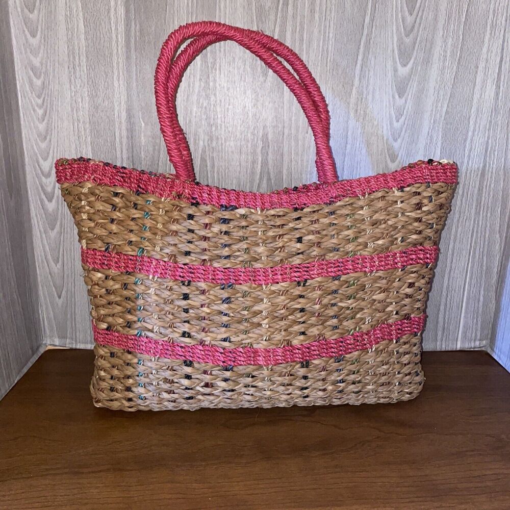 Vintage Rattan Woven Straw Multi Color Tote Purse With Handles Beach Summer